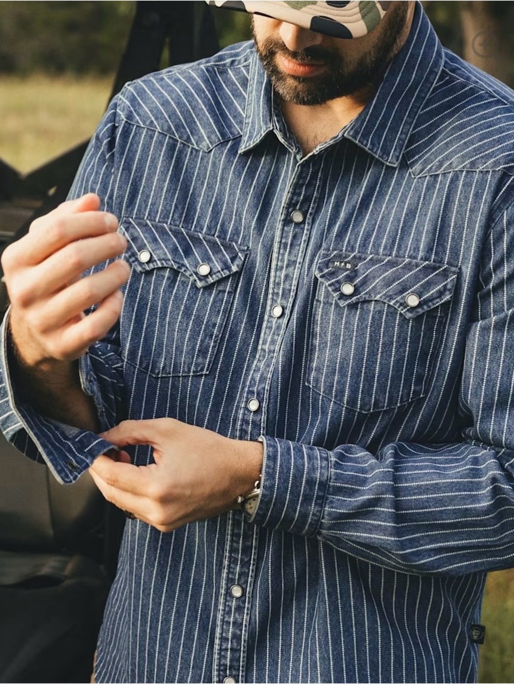 Howler Brothers Blue Pinstripe Dust Up Denim Snapshirt. NEW. Small - Picture 8 of 10